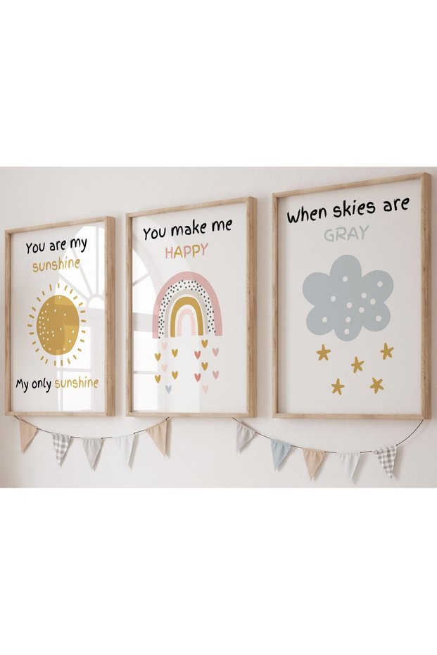 ALAYRA You are My Sunshine Set of 3 Unframed Poster Prints, Sun Rainbow Cloud, Girl Boy Wall Art Home Decor, Playroom Bedroom Nursery, Song Lyric Nursery Rhyme, You Make Me Happy30X40 CM