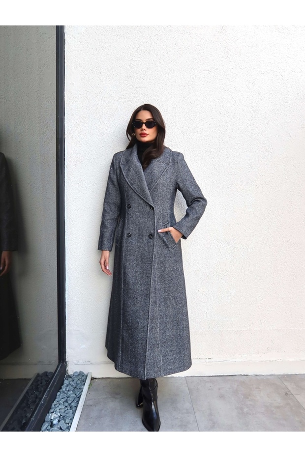 Herringbone Pattern Buttoned Long Coat - 4