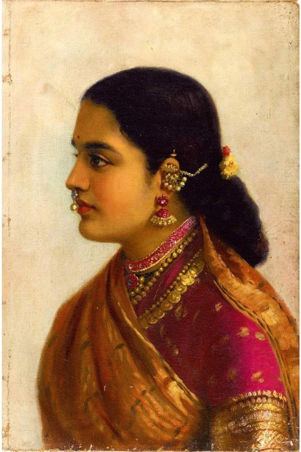 ALAYRA - Portrait of a Young Woman in Russet and Crimson Sari - Raja Ravi Varma - Small Poster(Paper,, MultiColour)43.2X30.5 CM