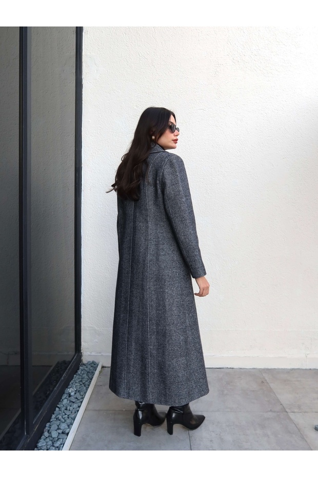 Herringbone Pattern Buttoned Long Coat - 5
