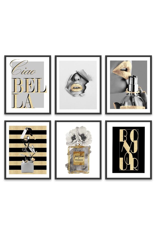 ALAYRA Glam Gold Fashion Wall Decor Set of 6 Girls Room Canvas Pictures Art Perfume Lady Makeup Tool Stylish and Quote Prints Posters Bedroom Decor for Women ( Unframed)20X25 CM