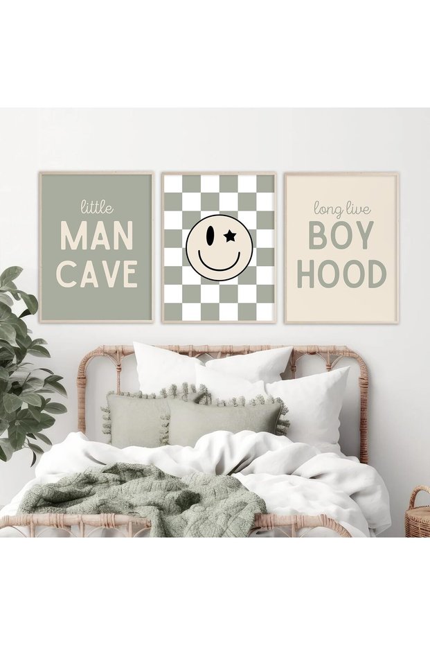 ALAYRA Nursery Wall Art Set of 3 Baby Boys Canvas Wall Art Pictures Smiley Happy Face Wall Decor Kids Prints Toddler Painting Boho Baby Boy Poster Sage Green Artwork for Room40X60 CM