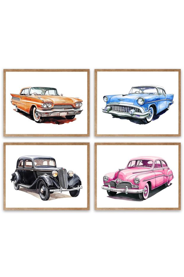 ALAYRA Classic Car Art Prints,Retro Old Cars Canvas Wall Art,Vintage Classic Car Wall Poster,Vintage Car Artwork for Boys Room Nursery Decor Teens Bedroom Playroom Decor Set of38.99X27.05 CM