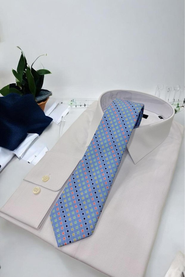 Microfibre 7cm Small Plaid Pattern Light Blue-Multicolor Tie Kr-67