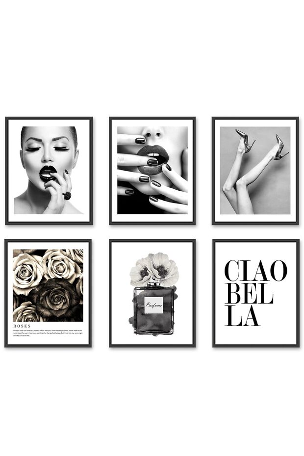 ALAYRA Wall Art Balck and White Wall Decor Perfume Elegant Lady High Heels Posters Canvas Prints for Women Room Bedroom Bathroom Decor Set of 6 Unframed30X40 CM