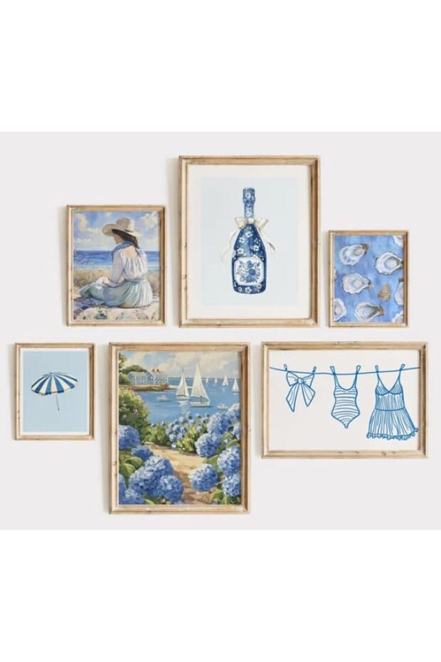 ALAYRA Coastal Cowgirl Wall Art Set of 6 Beach Canvas Wall Decor Blue Aesthetic Wall Art Preppy Coquette Poster Trendy Beachy Pictures Coastal Granddaughter Prints for Living Room30X40 CM