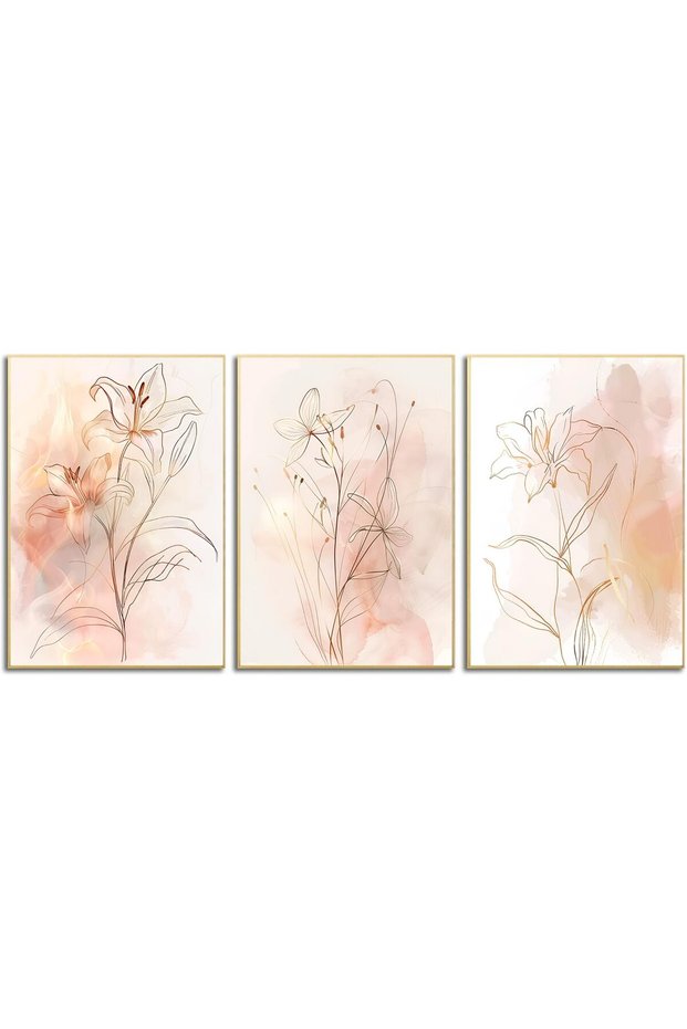 ALAYRA Floral Poster Gold Botanical Flower Wall Art Prints Pink Modern Aesthetic Pictures Minimalist Line Canvas Painting Elegant Wall Decor 3 Pcs for Bedroom Bathroom Living Room30X40 CM