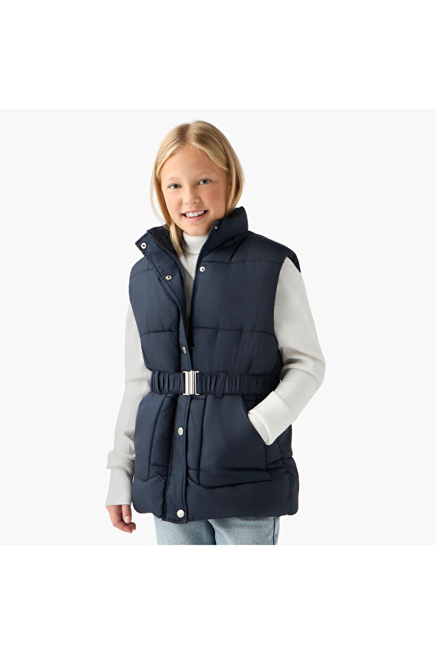 Belted Padded Gilet with Hood and Zip Closure