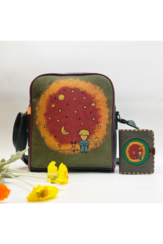 Large Postman Shoulder Bag with Little Prince Figure Green, Small Wallet Green Ethnic Bohemian Style Combination