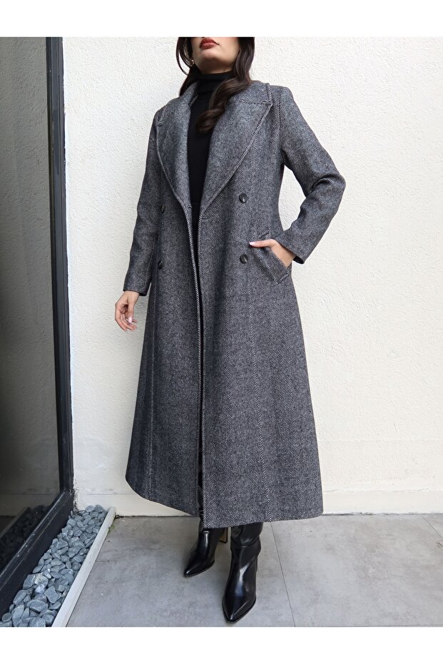 Herringbone Pattern Buttoned Long Coat - 3