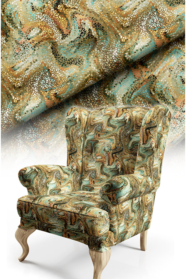 Mosaic Patterned Digital Printed Upholstery Fabric. Soft Keyed Cotton Lined Non-Stretch Fabric