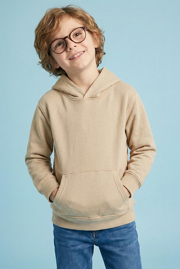 Unisex Hooded Kangaroo Pocket Fleece-Lined Winter Sweatshirt - Beige