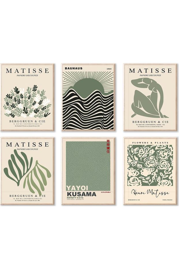 ALAYRA Sage Green Matisse Wall Art Prints, Abstract Matisse Posters Green Wall Decor, Minimalist Flower Market Floral Yayoi KUAEma Prints, Green Canvas Matisse Paintings Pictures20X25 CM