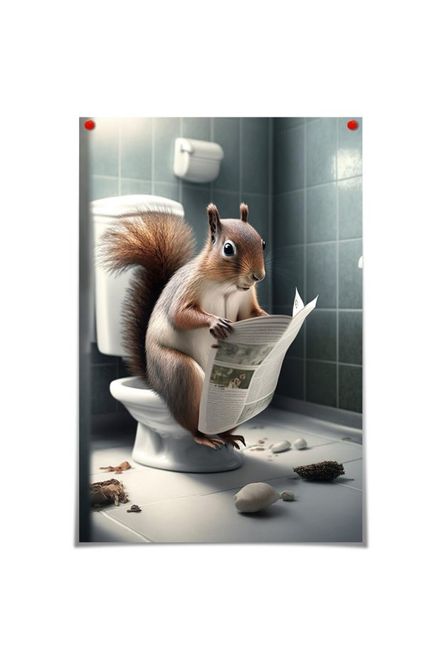 ALAYRA Funny Squirrel Bathroom Canvas Wall Art Cute Squirrel Reading Newspapers on Toilet Pictures Poster Prints,Black and White Maximalist Mid Century Modern wall decor Unframed40.6X30.5 CM