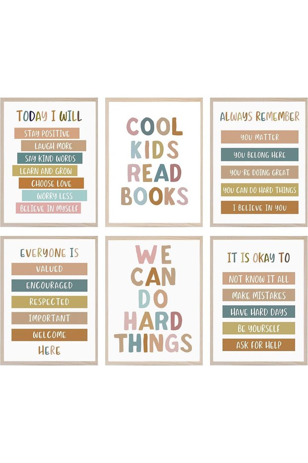 ALAYRA Boho Classroom Decor Poster Positive Inspirational Prints Teacher Gift Kids Canvas Wall Art Set of 6 Perfect for Building Confidence in Children, Friends & Graduates20X25 CM