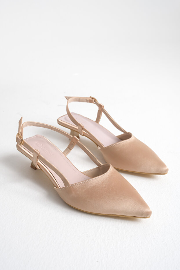 Gold Satin Short Kitten 3 cm Heeled Women's Shoes with Pointed Toe