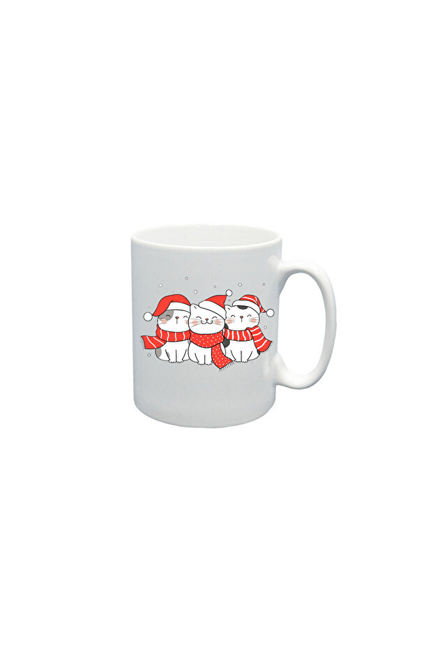 Christmas Printed Mug - White, Three Cats With Scarf & Christmas Cap