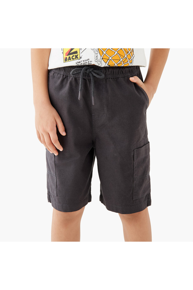 Solid Cargo Shorts with Drawstring Closure - 1