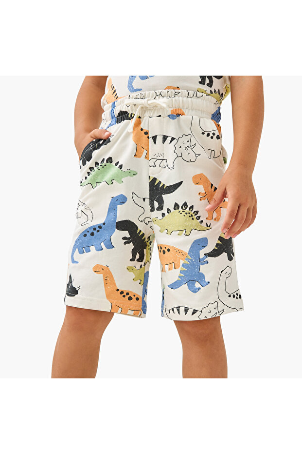 Dino Print Shorts with Drawstring Closure and Pockets