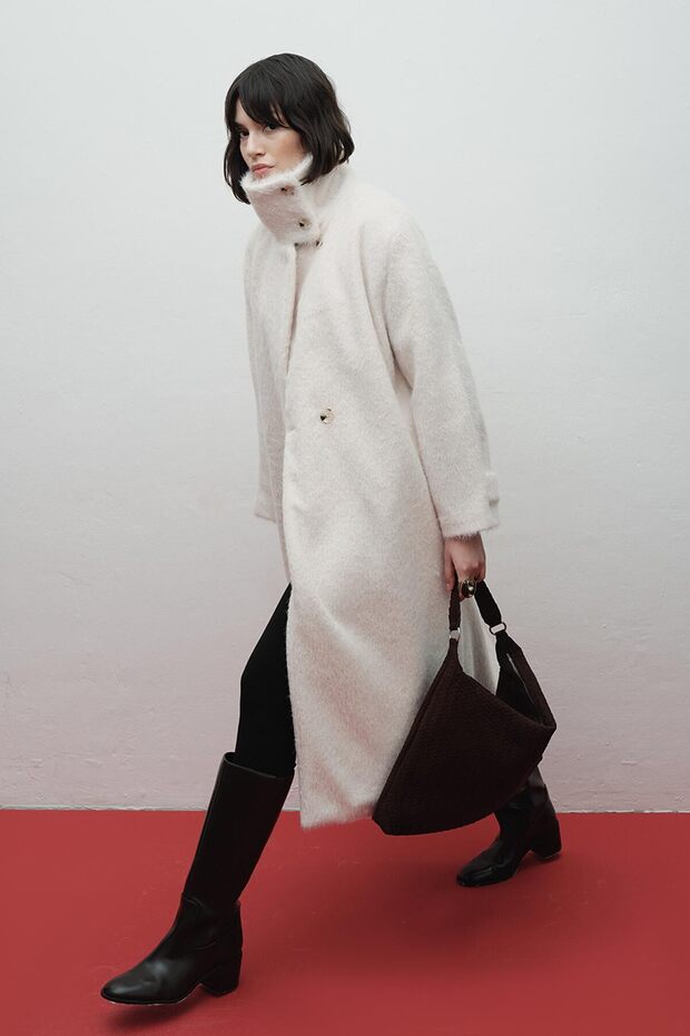 Oversize Dik Yaka Ekru Kaban - 6