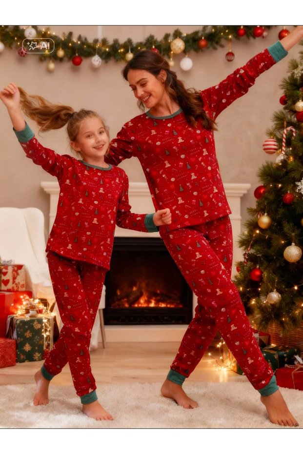 Red Mother & Daughter Stretchy Fabric Pajama Set (Can Be Purchased Separately) (4-15 Years Old /S-Xl)