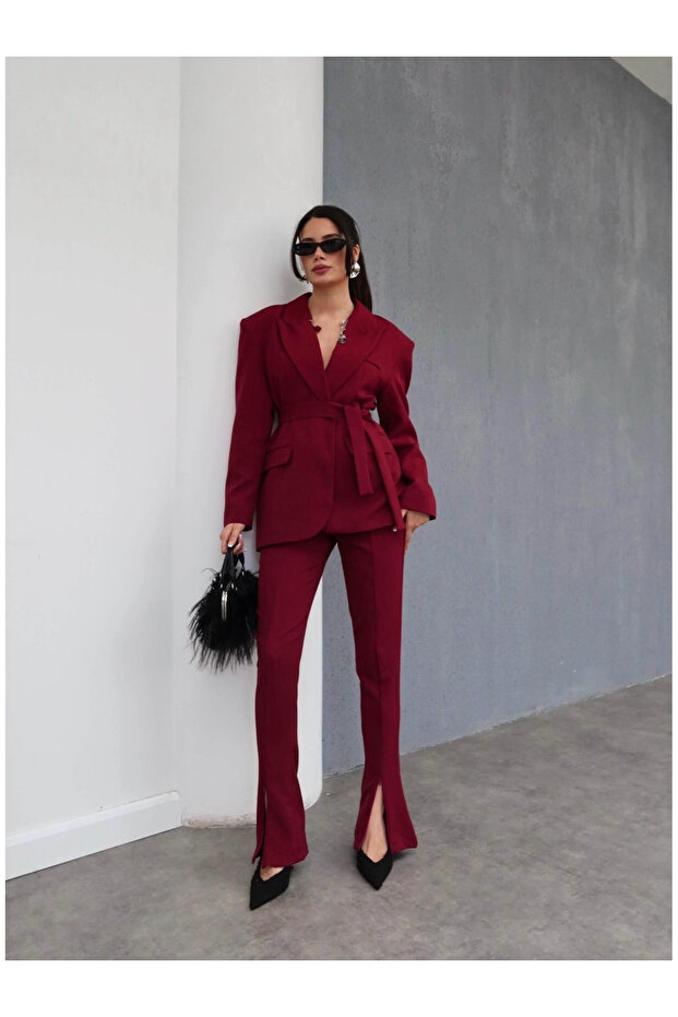 Burgundy Collar Zipper Detailed Suit - 912068