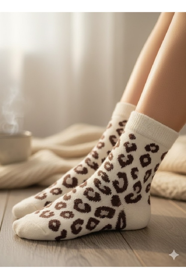 2 Çift Leopar Desenli Peluş Çorap - 2