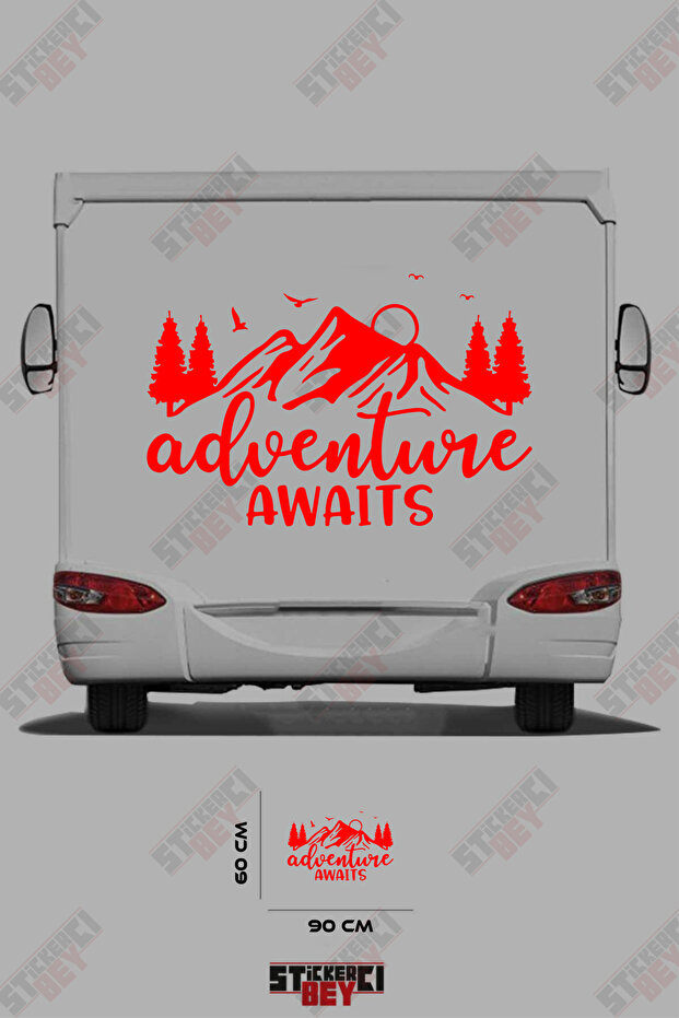 Adventure Awaits Written on the Caravan Sticker with Mountain and Tree Images
