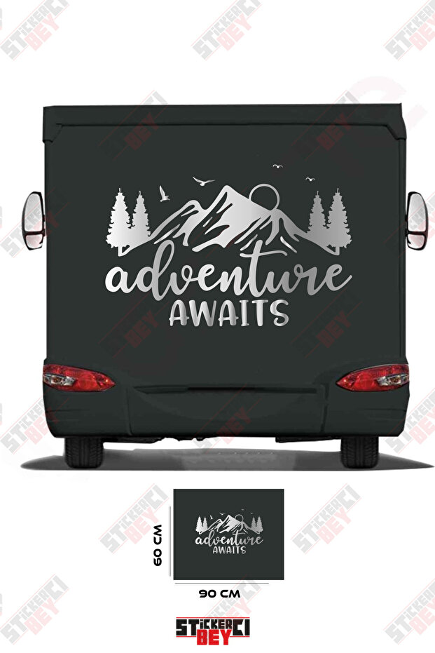 Adventure Awaits Written on the Caravan Sticker with Mountain and Tree Images