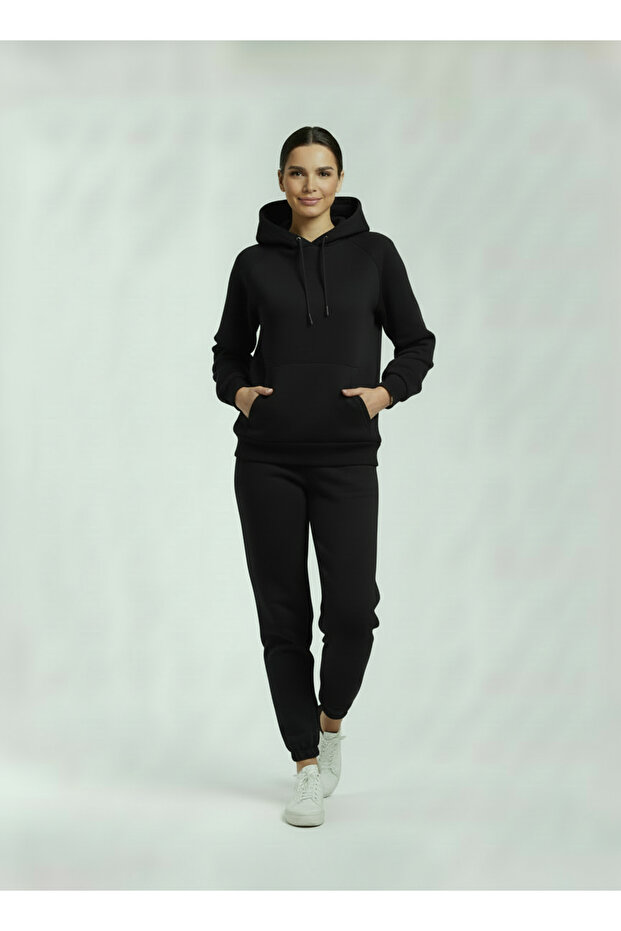 Women's Black 3 Thread Tracksuit Set with Kangaroo Pocket Soft Textured O Oversized Comfortable Fit