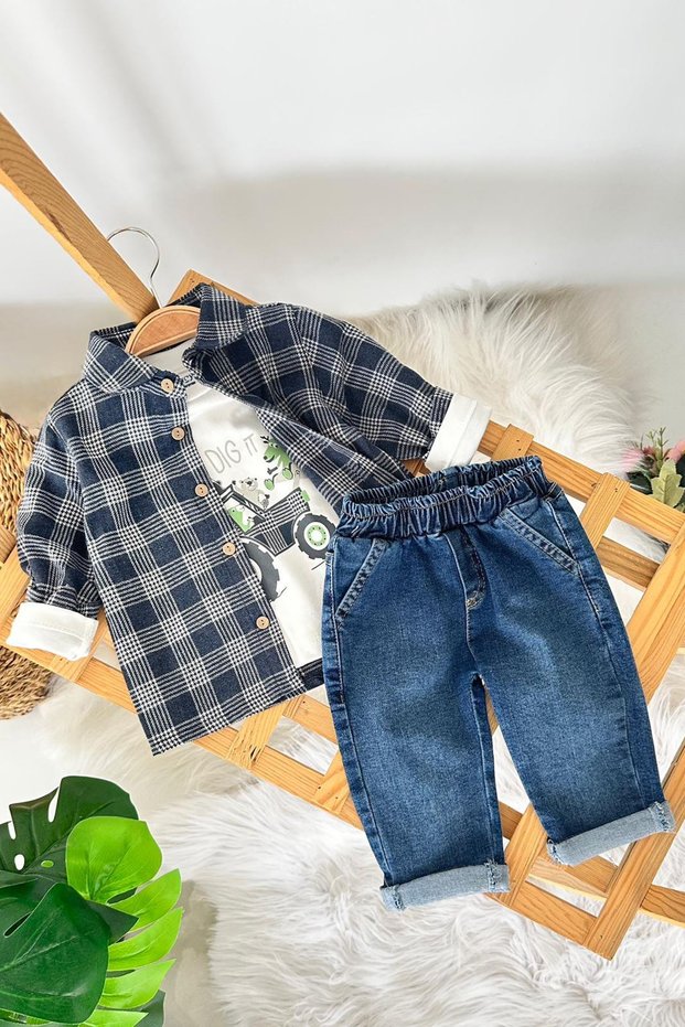My Little One's Tractor Printed Lumberjack Shirt Sportswear 3-Piece Set - Navy Blue