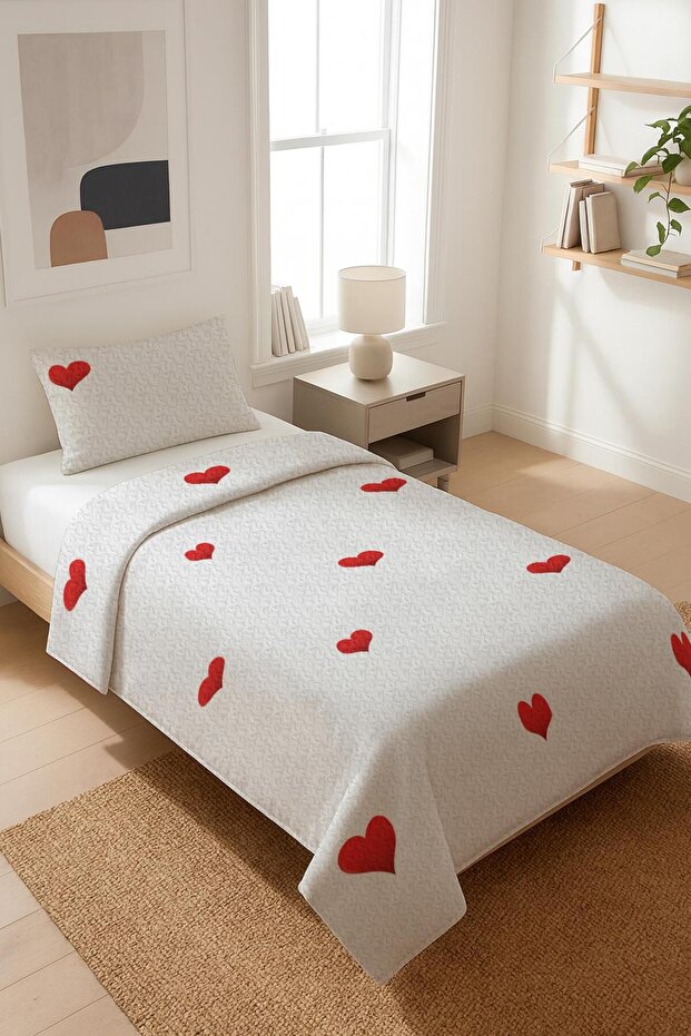 Heart Velvet Fabric Quilted Single Bedspread Set (2 Pieces) Tky0042