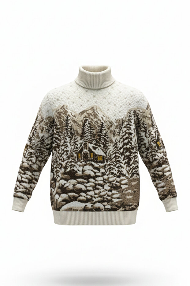 Men's Turtleneck Mountain Pattern Sweater - 4