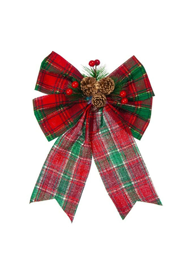 Christmas Decorative Bow Red Green Plaid Pine Cones Berries 32 cm