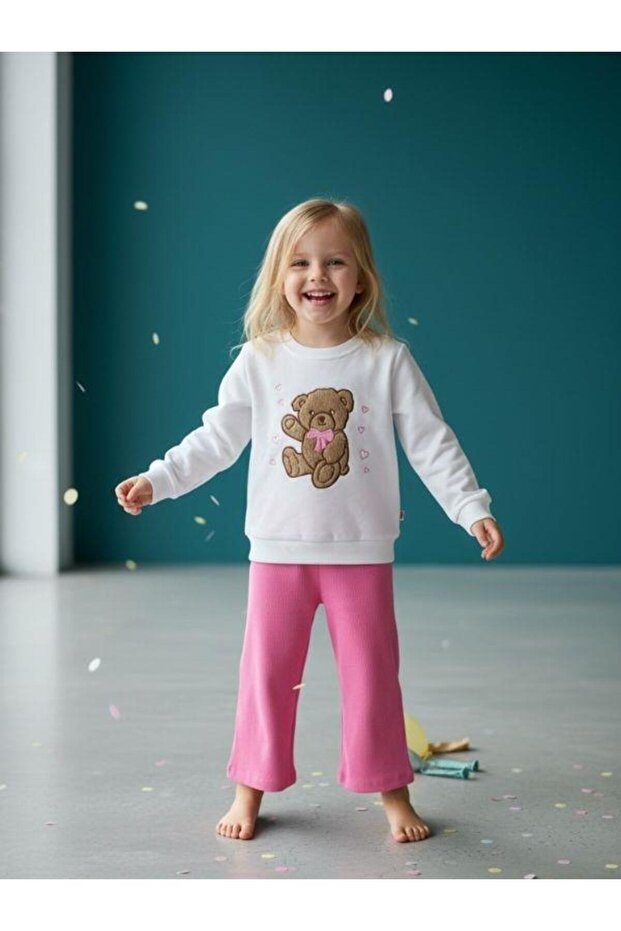 Girl's Cotton Teddy Bear Embroidered Wide-Leg Sweatpants Set