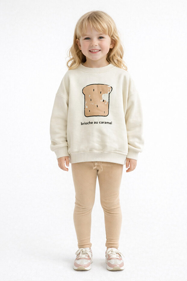 Girl's Cream Oversized Sweatshirt Beige Corded Fabric Leggings 2-Piece Set