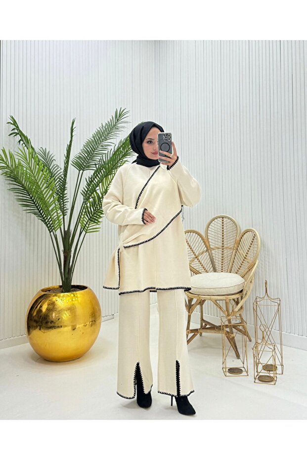 Shepherd's Stitch Slit Detailed Pants Tunic Two-Piece Hijab Set
