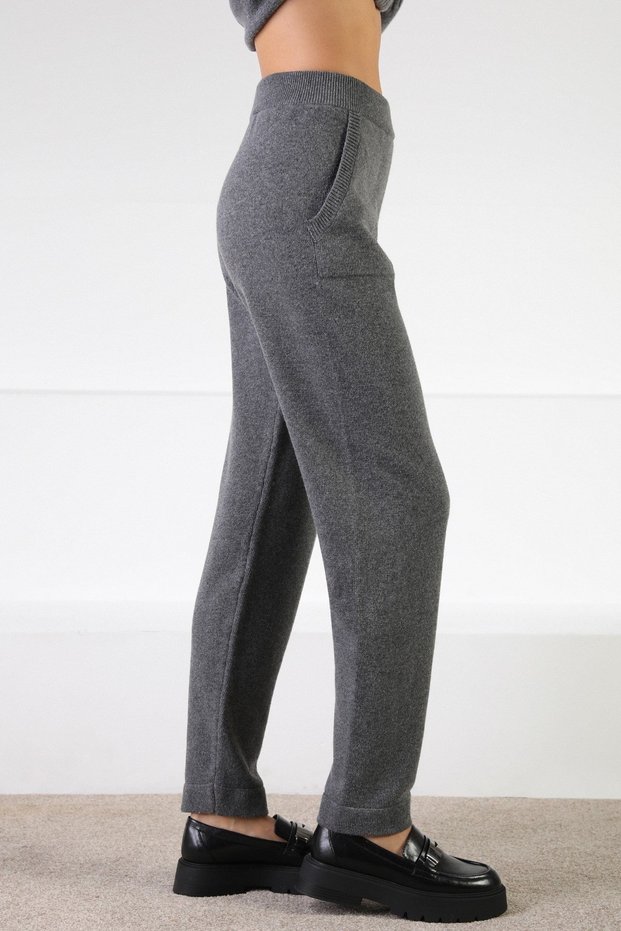 Anthracite High Waist Pocketed Straight Leg Cashmere Women's Knitwear Trousers