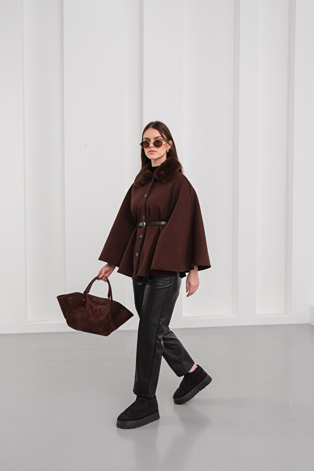 Women's Fur-Trimmed Batwing Sleeve Poncho
