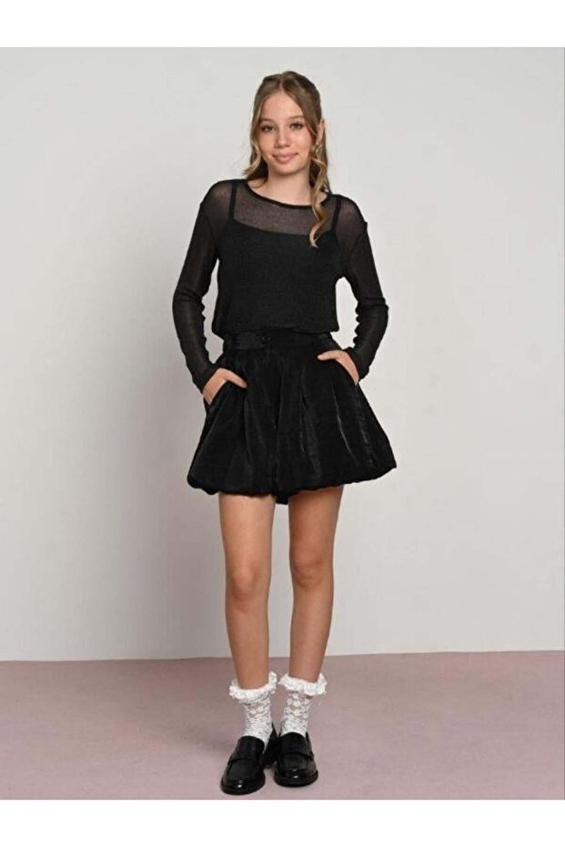 Girl's Knitted Mesh Design Blouse with Inner Bodysuit