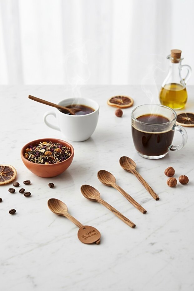 Olive Wood Handmade Wooden Tea Spoon 6-Piece Wooden Tea Spoon Set