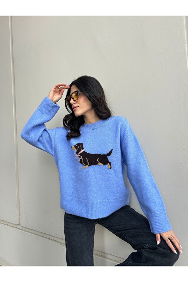 Blue Soft Textured Wide Fit Dog Pattern Knitwear Sweater