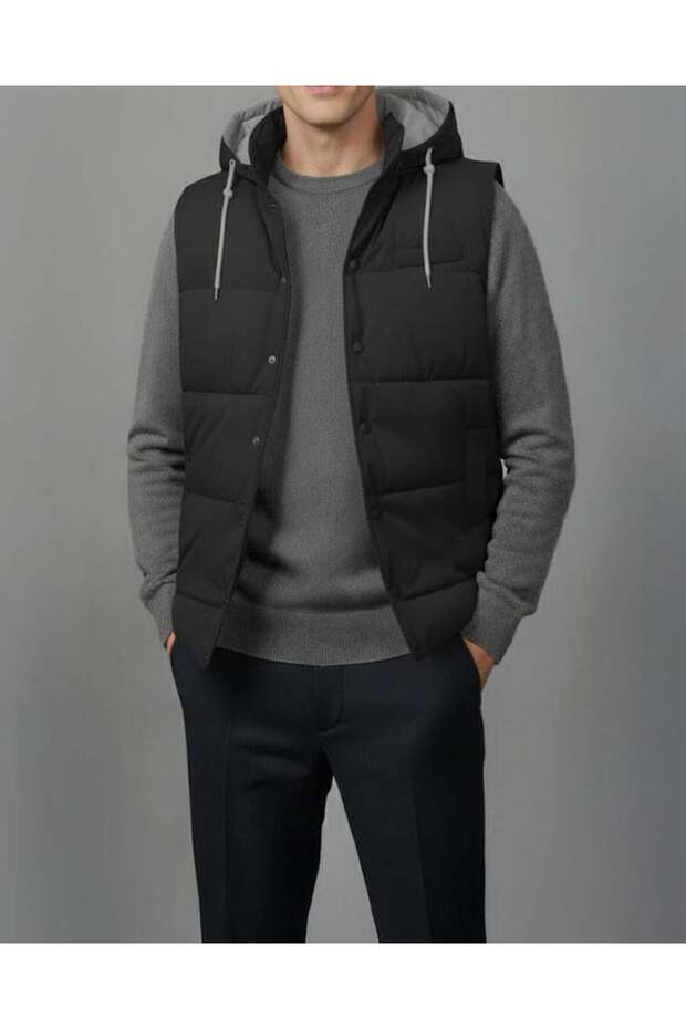 Italian Style S Slim Fit K Hooded Quilted Men's down Vest Black T14723