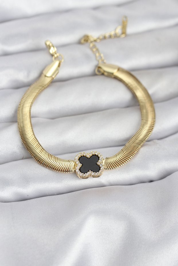 316L Steel Gold Color Black Clover Model Zircon Stone Snake Chain Women's Bracelet -