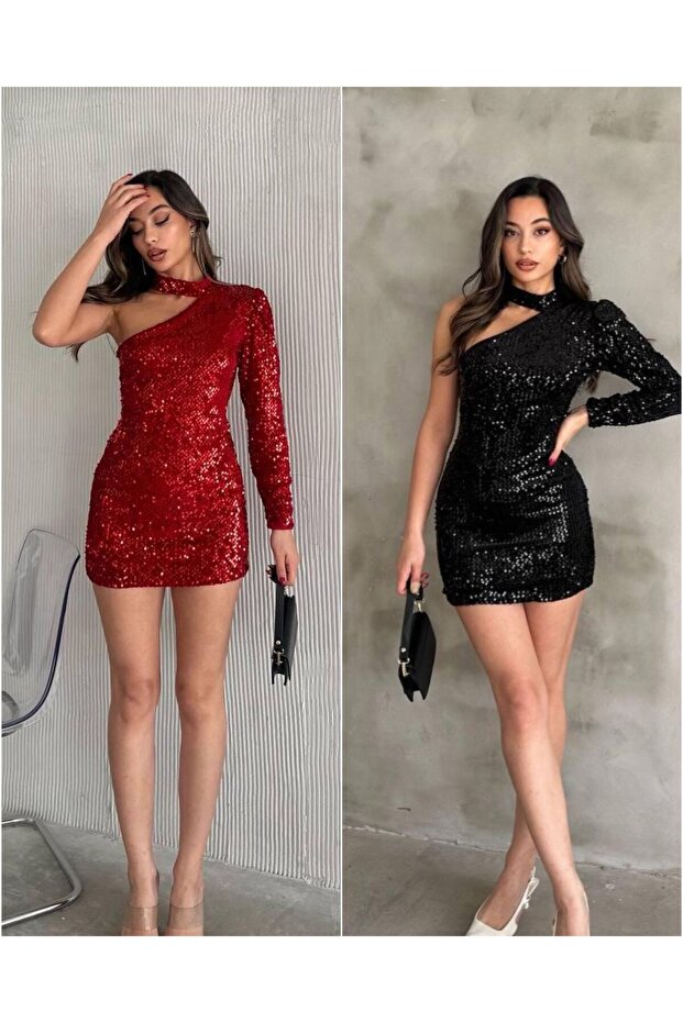 Tek Omuz Pullu Payet Elbise - 1