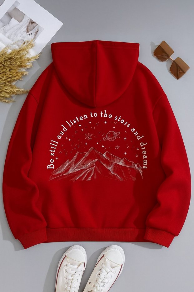 Unisex Oversized Hooded Mountain and Star Printed Astronomy Themed Comfortable Casual Sweatshirt