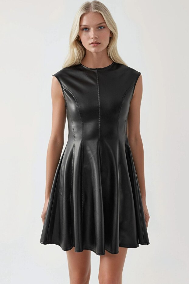 BUSEM Suni Deri Fermuarlı Mini Elbise - 8