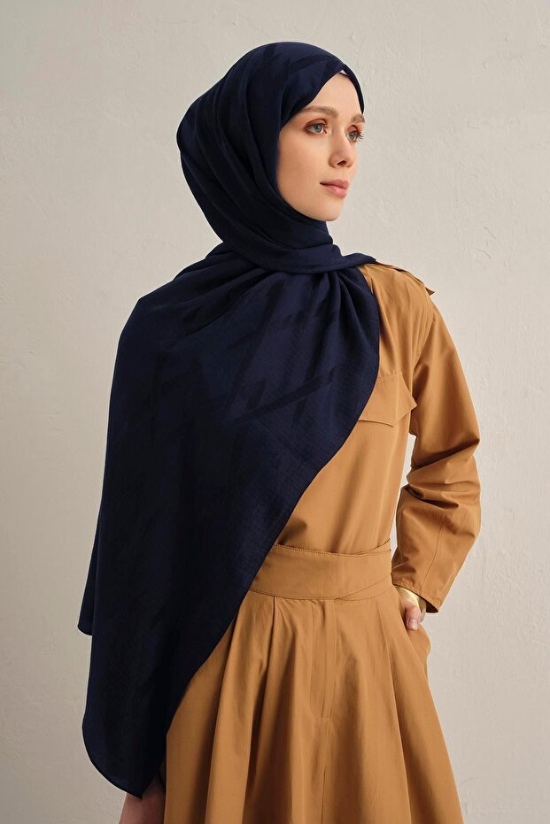 Lyocell Shawl - Zigzag Pattern - Aly1-03 - Navy Blue