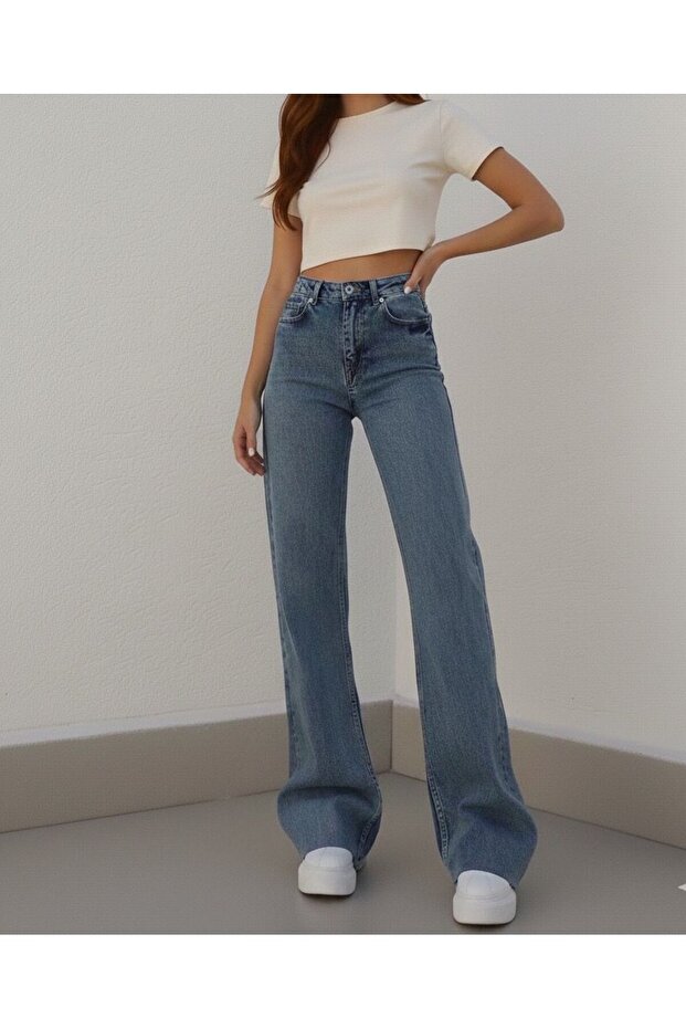 Dona Women's Medium Snow Super High Waist Loose Leg Denim Jeans Palazzo Pants