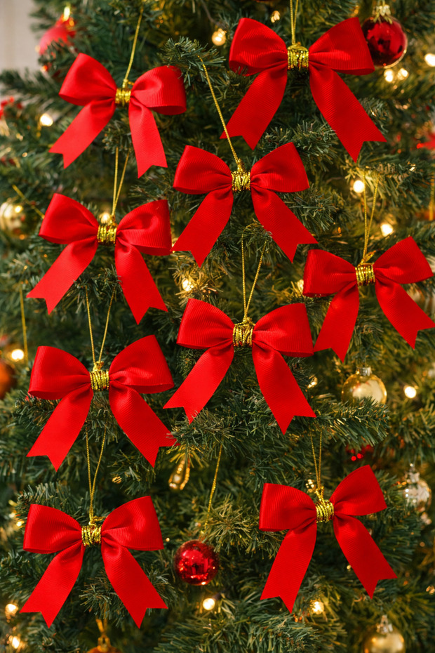 Red Bow Christmas Tree Decoration Ribbon – 10 Pieces, Grosgrain Ribbon